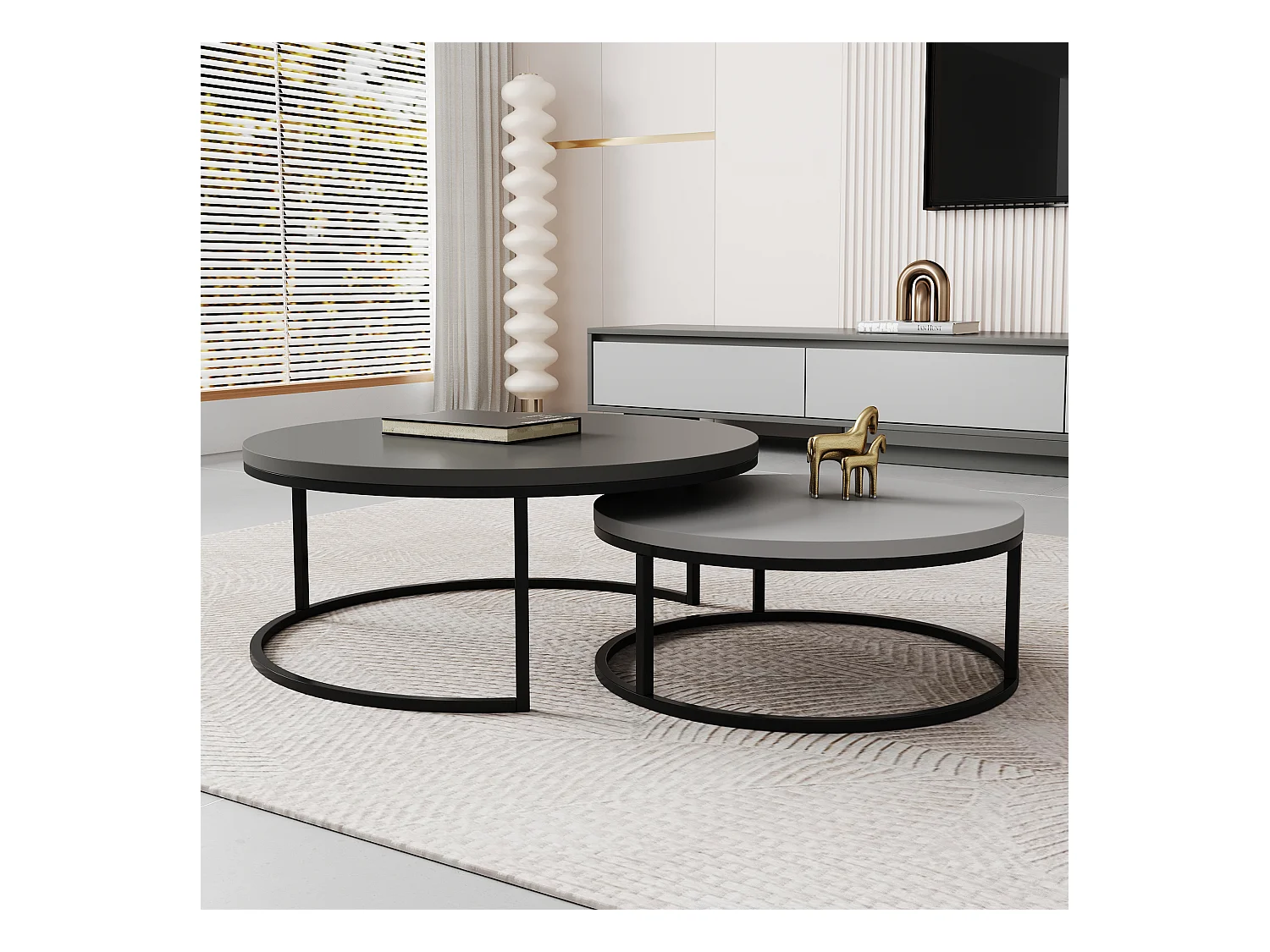 Mesa de centro redonda, juego de 2 mesas de centro, mesas auxiliares nido, madera y metal, diseño moderno, gris.