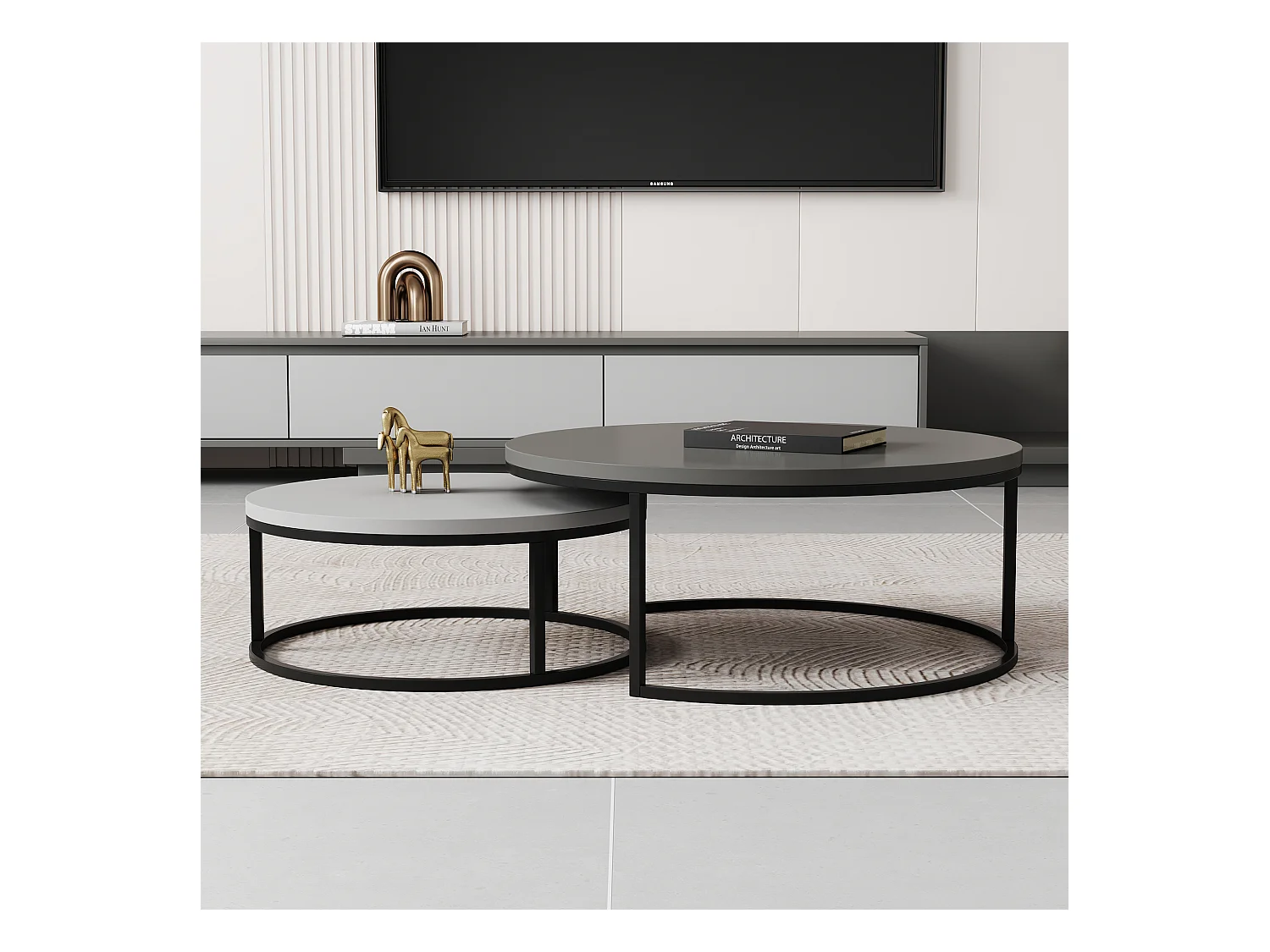 Mesa de centro redonda, juego de 2 mesas de centro, mesas auxiliares nido, madera y metal, diseño moderno, gris.