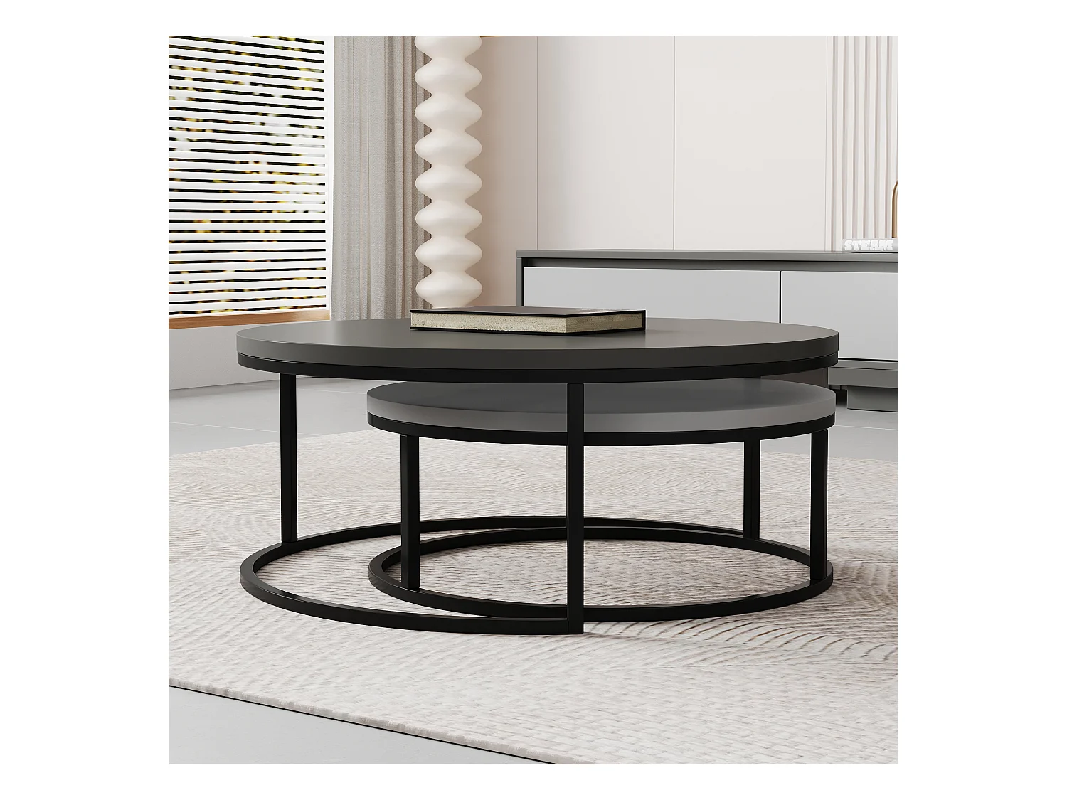 Mesa de centro redonda, juego de 2 mesas de centro, mesas auxiliares nido, madera y metal, diseño moderno, gris.