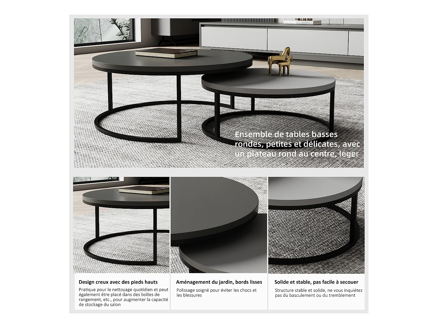 Mesa de centro redonda, juego de 2 mesas de centro, mesas auxiliares nido, madera y metal, diseño moderno, gris.