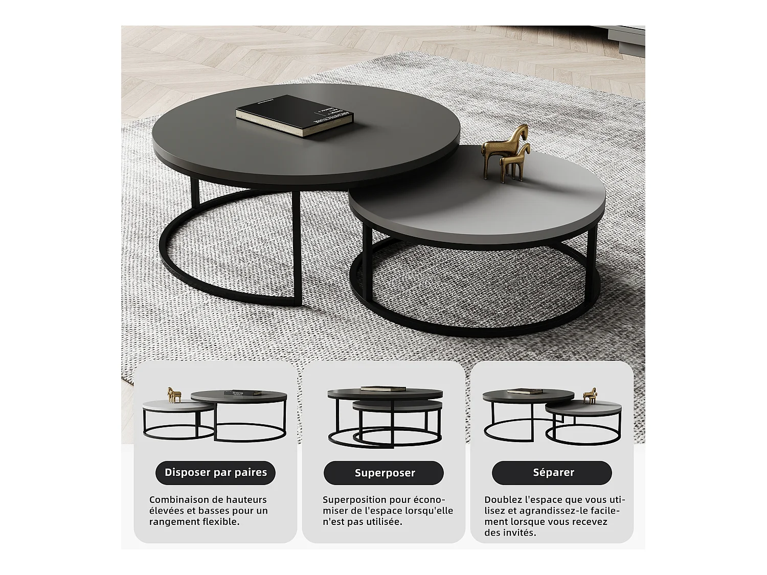 Mesa de centro redonda, juego de 2 mesas de centro, mesas auxiliares nido, madera y metal, diseño moderno, gris.