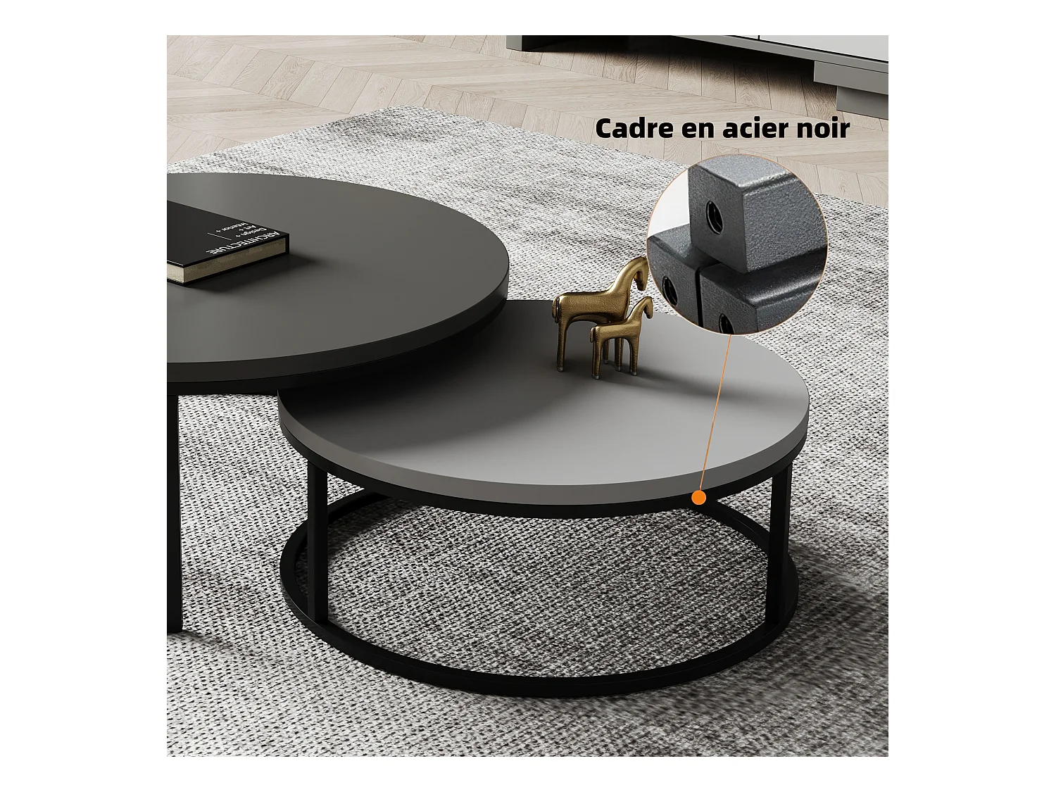 Mesa de centro redonda, juego de 2 mesas de centro, mesas auxiliares nido, madera y metal, diseño moderno, gris.