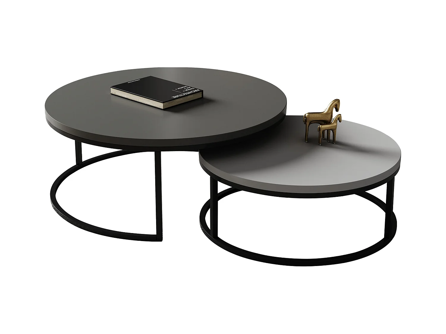 Mesa de centro redonda, juego de 2 mesas de centro, mesas auxiliares nido, madera y metal, diseño moderno, gris.