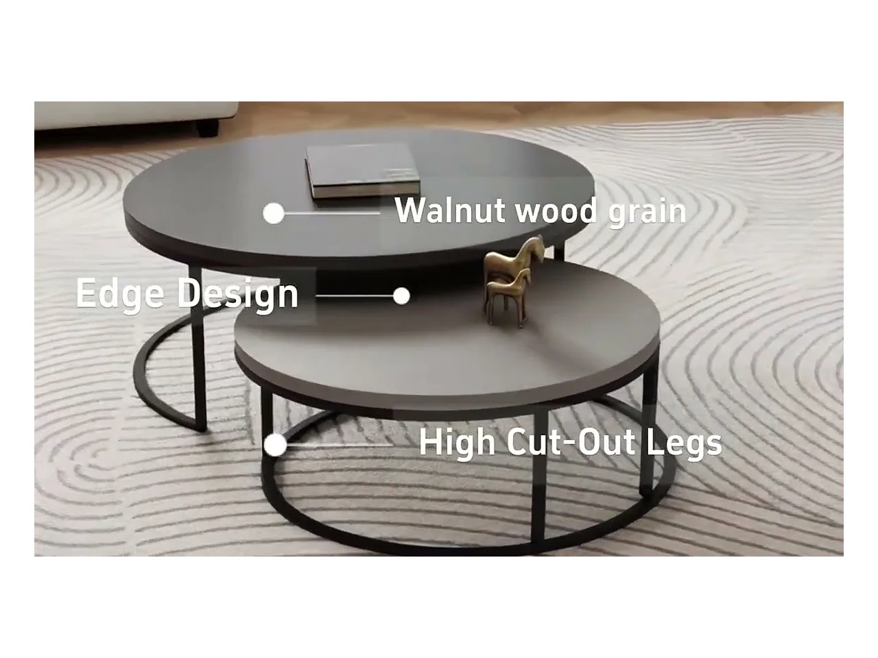 Mesa de centro redonda, juego de 2 mesas de centro, mesas auxiliares nido, madera y metal, diseño moderno, gris.