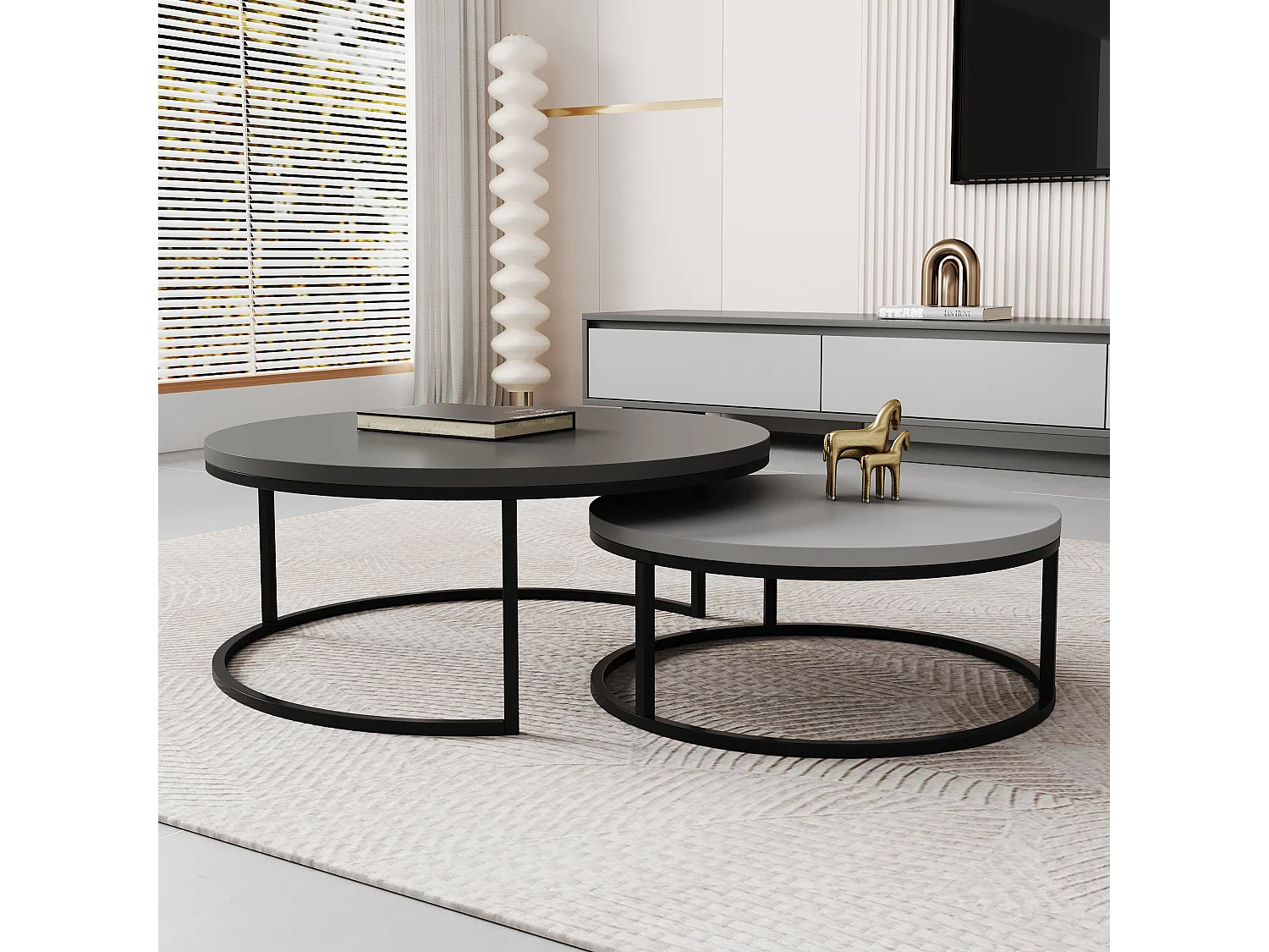 Mesa de centro redonda, juego de 2 mesas de centro, mesas auxiliares nido, madera y metal, diseño moderno, gris.