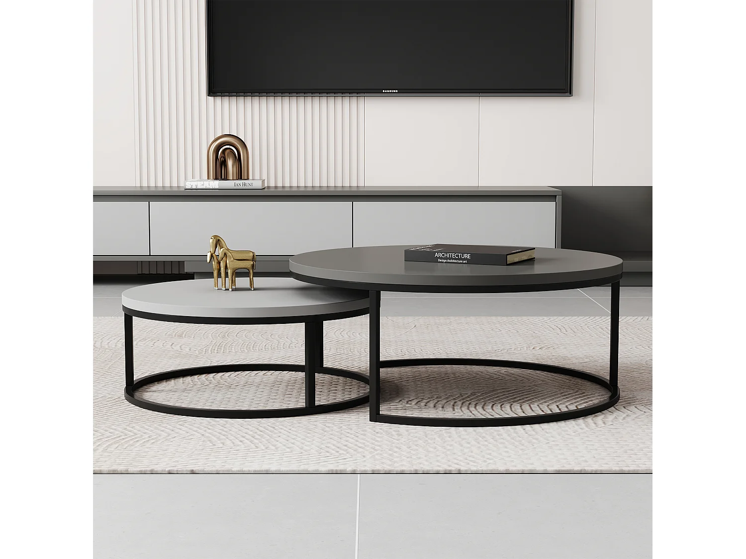 Mesa de centro redonda, juego de 2 mesas de centro, mesas auxiliares nido, madera y metal, diseño moderno, gris.