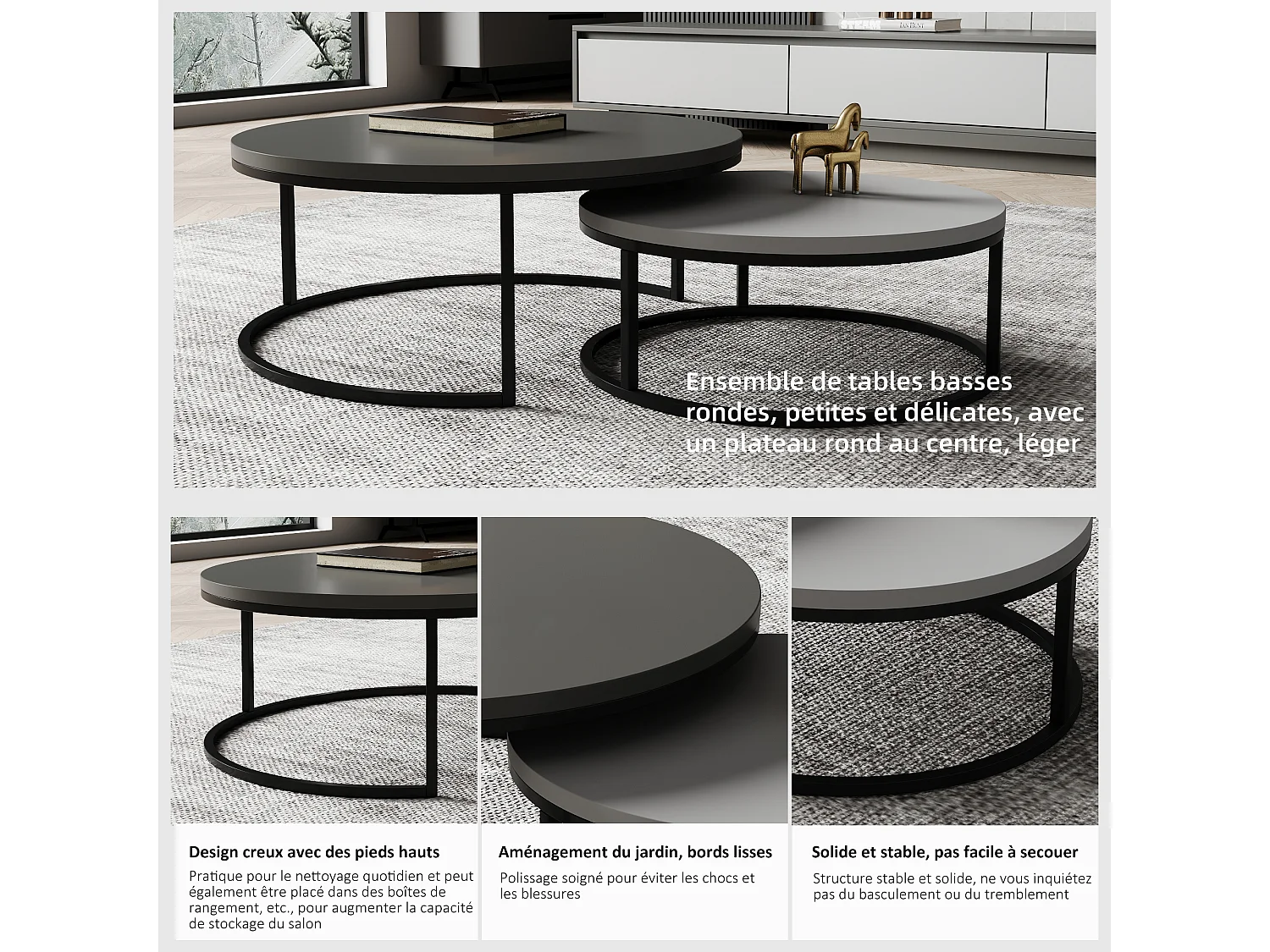 Mesa de centro redonda, juego de 2 mesas de centro, mesas auxiliares nido, madera y metal, diseño moderno, gris.