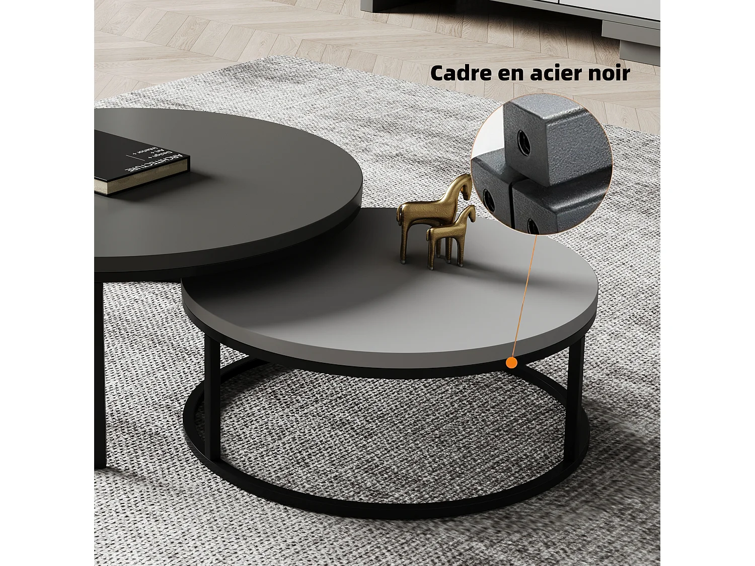 Mesa de centro redonda, juego de 2 mesas de centro, mesas auxiliares nido, madera y metal, diseño moderno, gris.