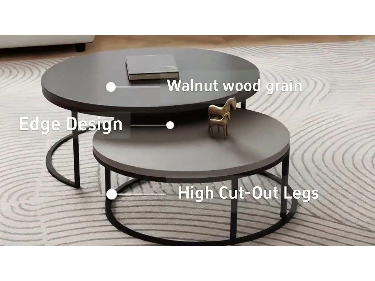 Mesa de centro redonda, juego de 2 mesas de centro, mesas auxiliares nido, madera y metal, diseño moderno, gris.