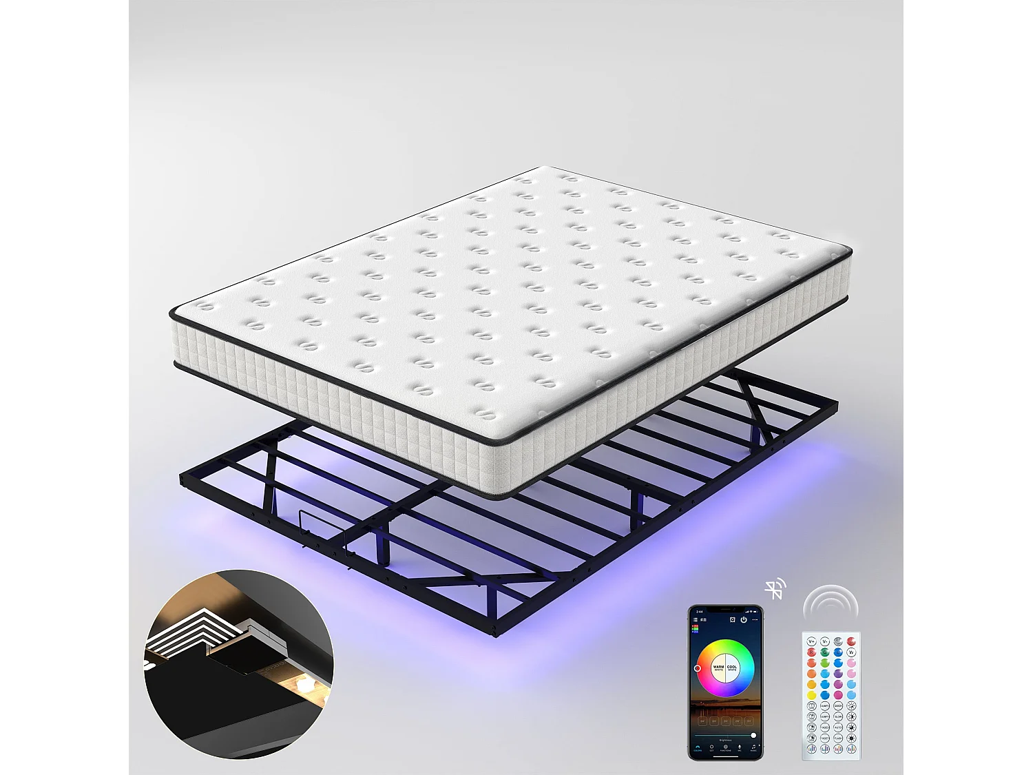 Ensemble Matelas 160x200 cm + Cadre de Lit avec éclairage LED en Métal + matelas en mousse de 22 cm d'épaisseur, cadre de lit flottant, pieds cachés