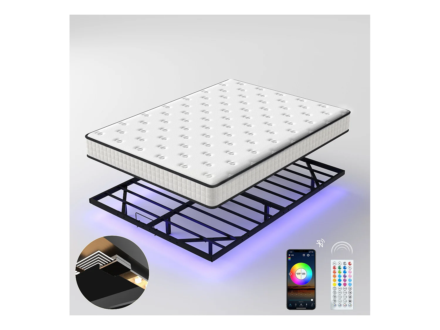 Ensemble Matelas 160x200 cm + Cadre de Lit avec éclairage LED en Métal + matelas en mousse de 22 cm d'épaisseur, cadre de lit flottant, pieds cachés
