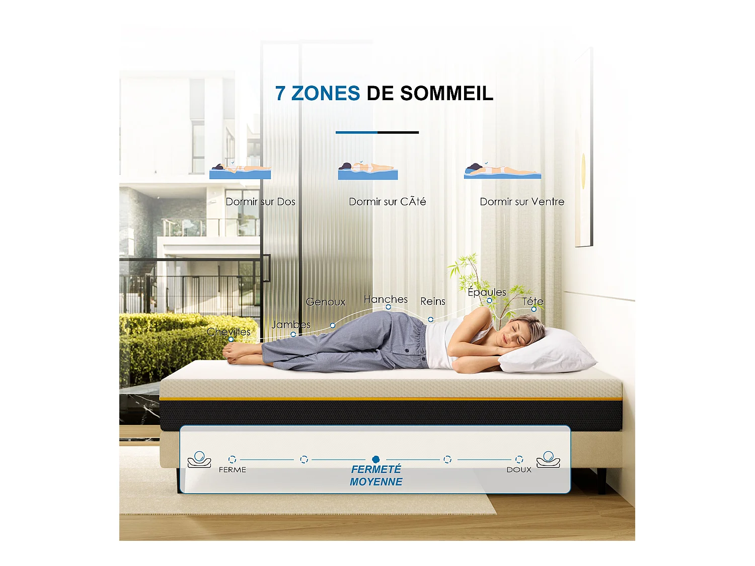 Matelas pour adulte 90 x 190 cm, épaisseur 17 cm (mousse à mémoire de forme + fibres de charbon de bambou)