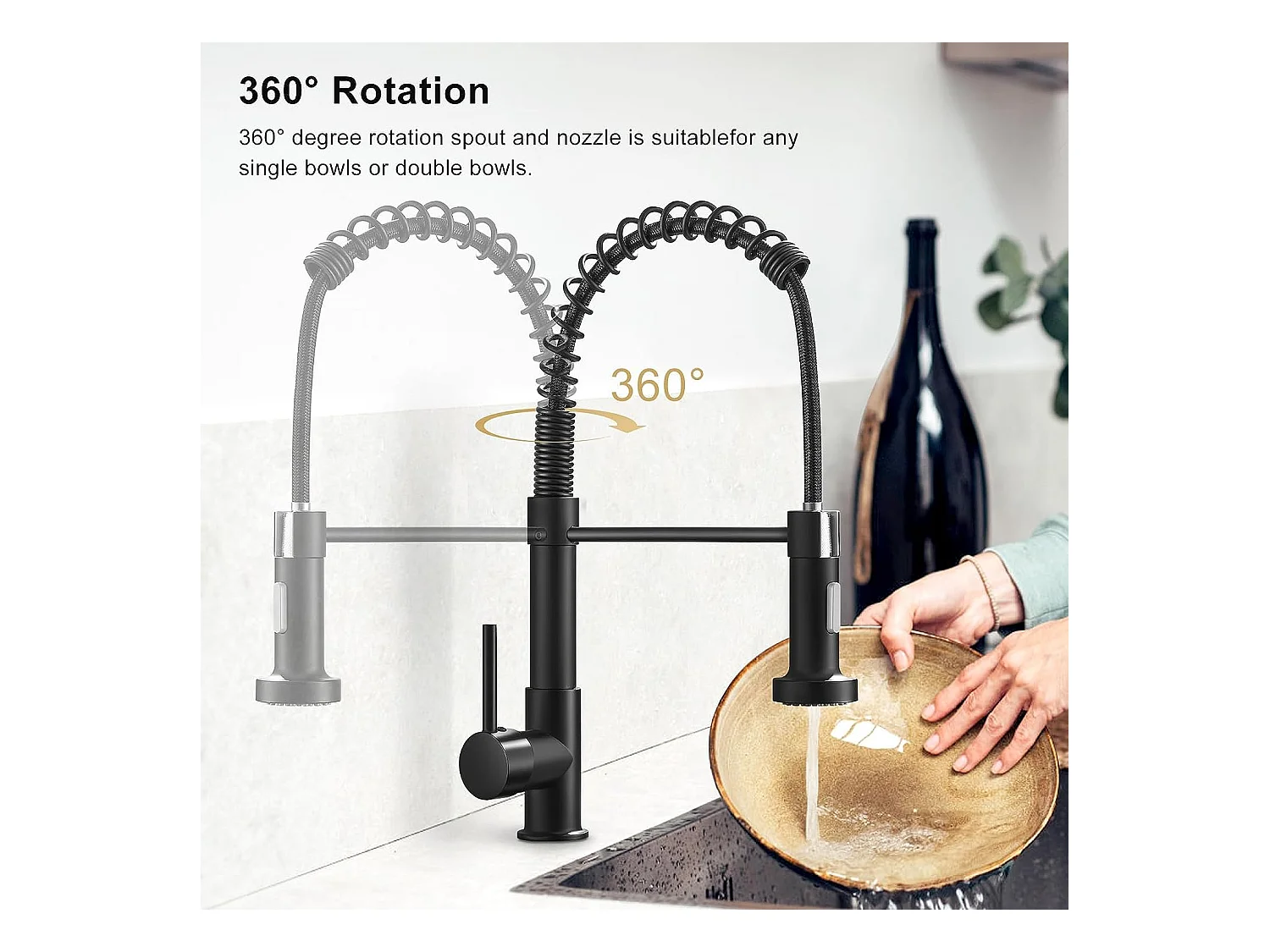 Keukenkraan met douchekop, 360¡ã draaibare kraan, zwart