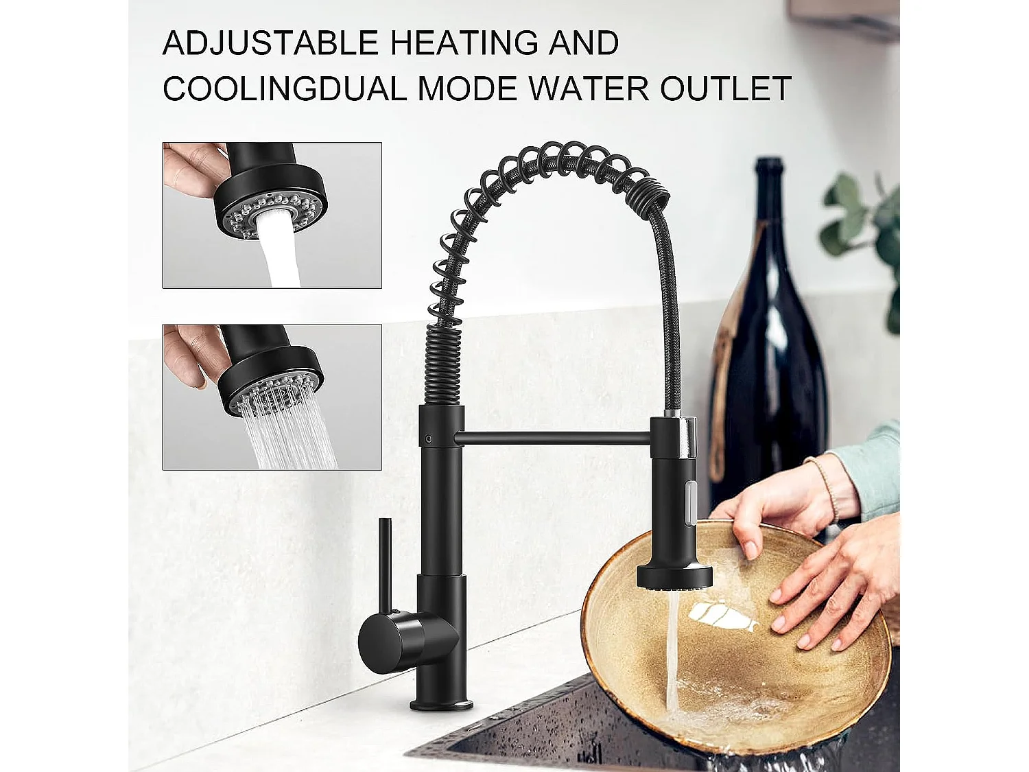 Mitigeur cuisine avec douchette, Robinet à 360°, Noir