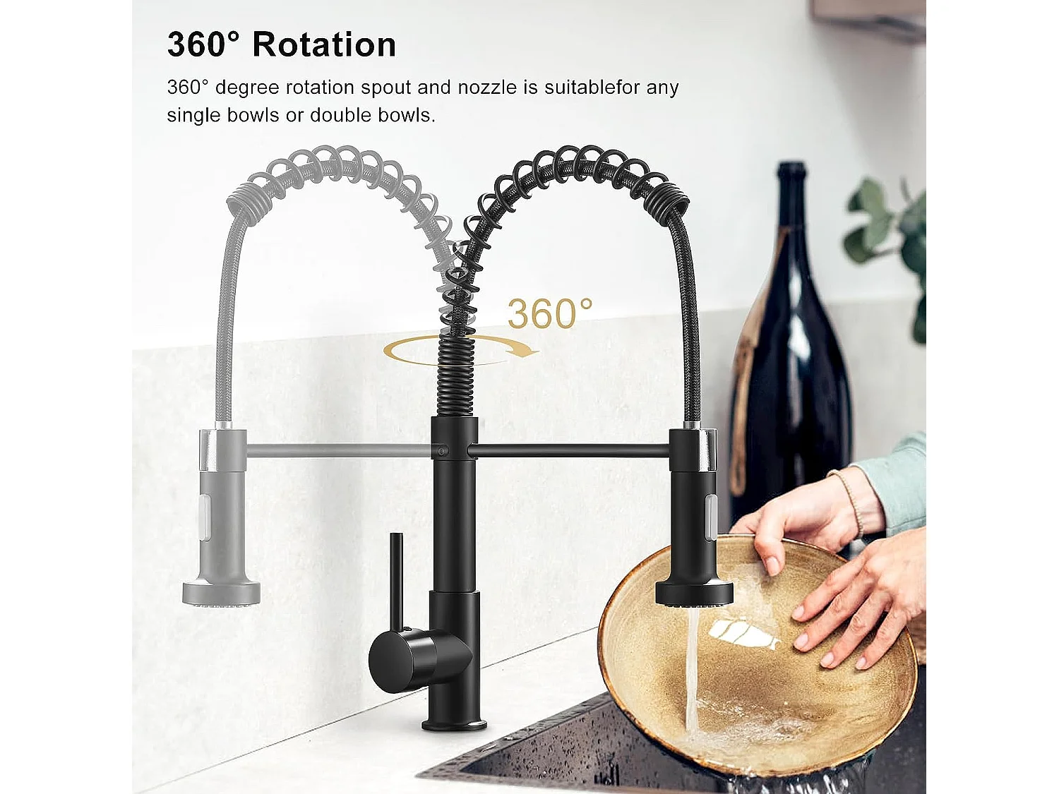 Mitigeur cuisine avec douchette, Robinet à 360°, Noir