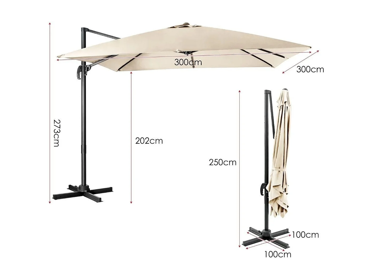 Ombrellone 300 cm per cortile con 3 inclinazioni e rotazione a 360°, Ombrellone da esterno con 8 stecche Beige