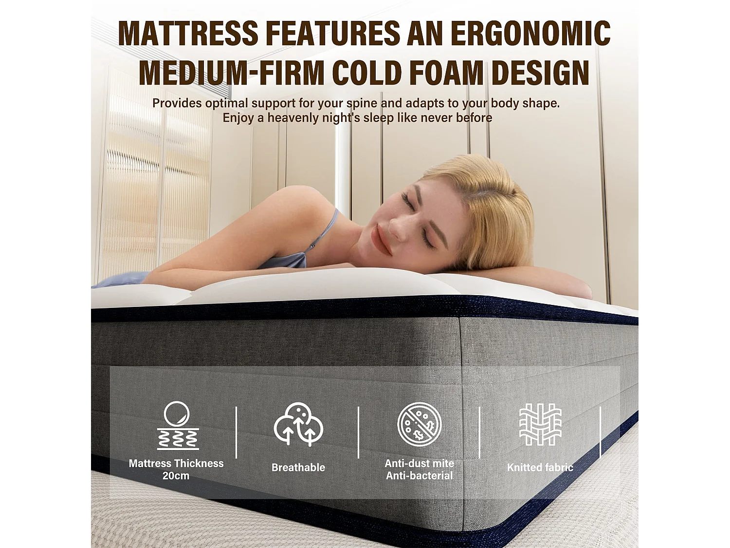 Matelas Ressorts 90x190x20cm, Comfort, 7 Zones Ergonomie