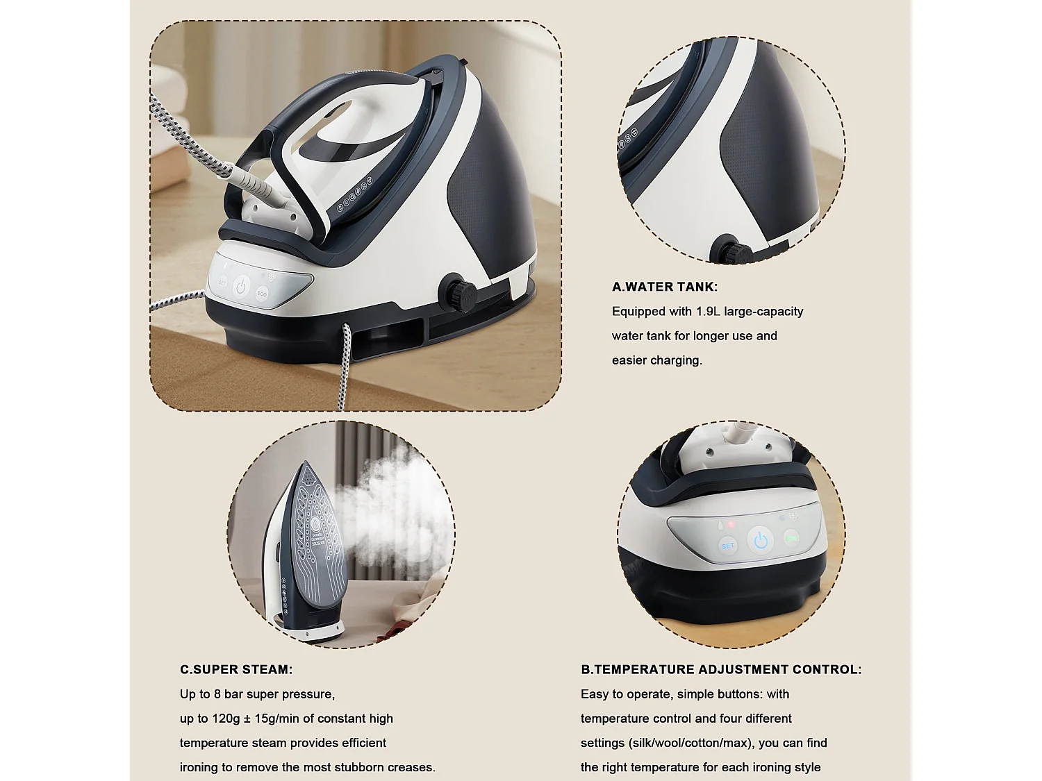 Centrale Vapeur, Fer à Repasser, Superpression 8 Bars, Vapeur Continue 120g±15g/min, Réservoir D'eau 1.9L, 3000W, Collecteur De Calcaire Amovible