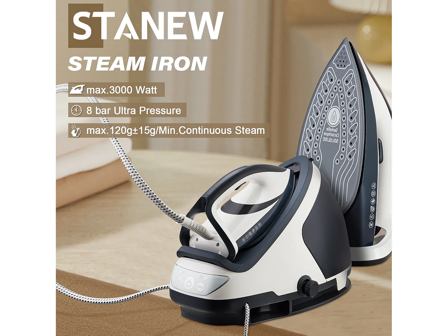 Centrale Vapeur, Fer à Repasser, Superpression 8 Bars, Vapeur Continue 120g±15g/min, Réservoir D'eau 1.9L, 3000W, Collecteur De Calcaire Amovible