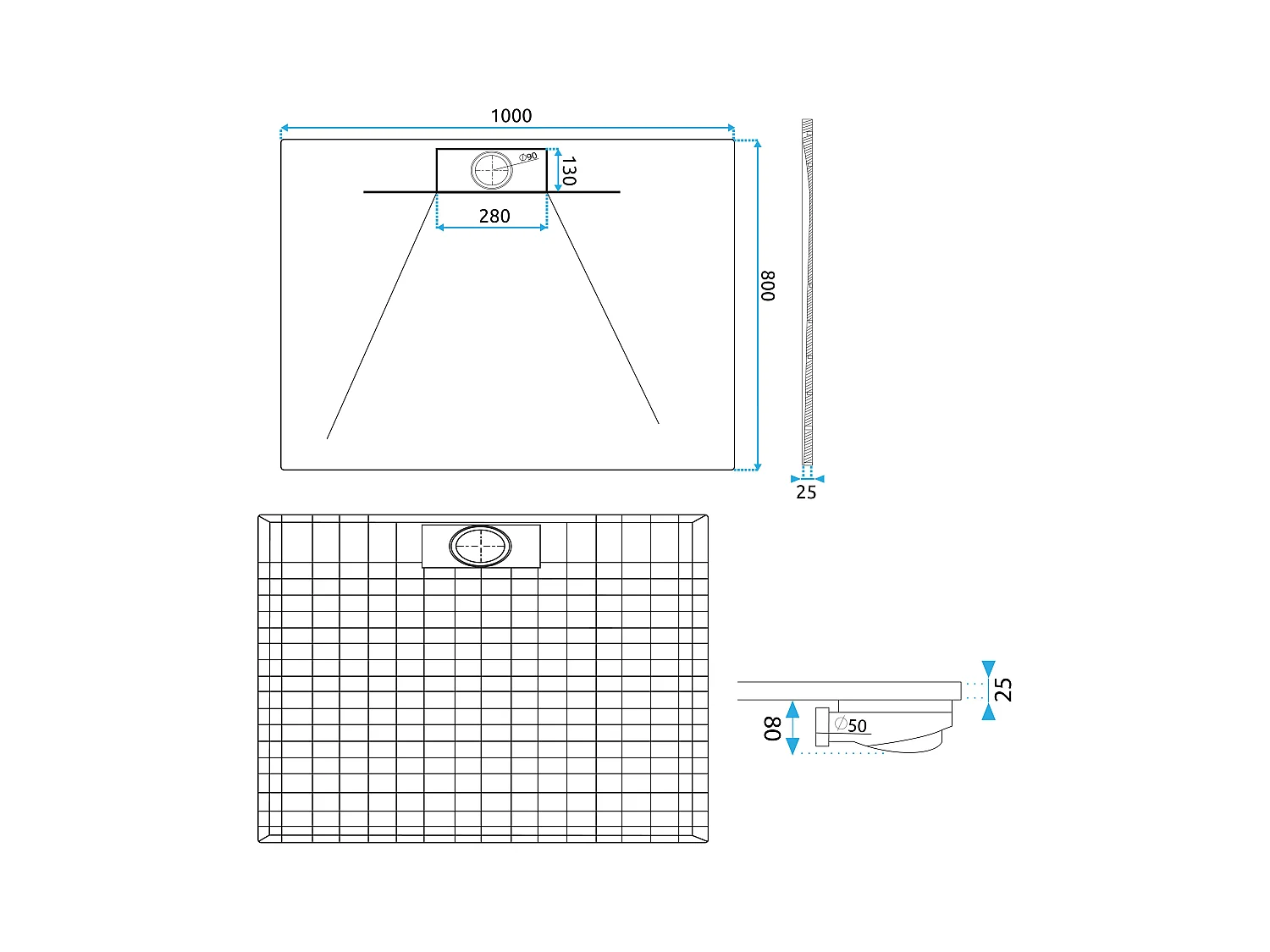 Receveur De Douche Rea Bazalt Long White 80X100
