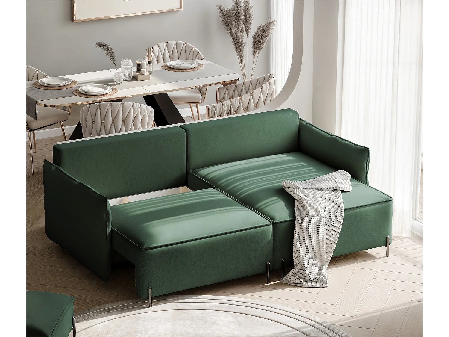 Canapé d'angle droit convertible, vert