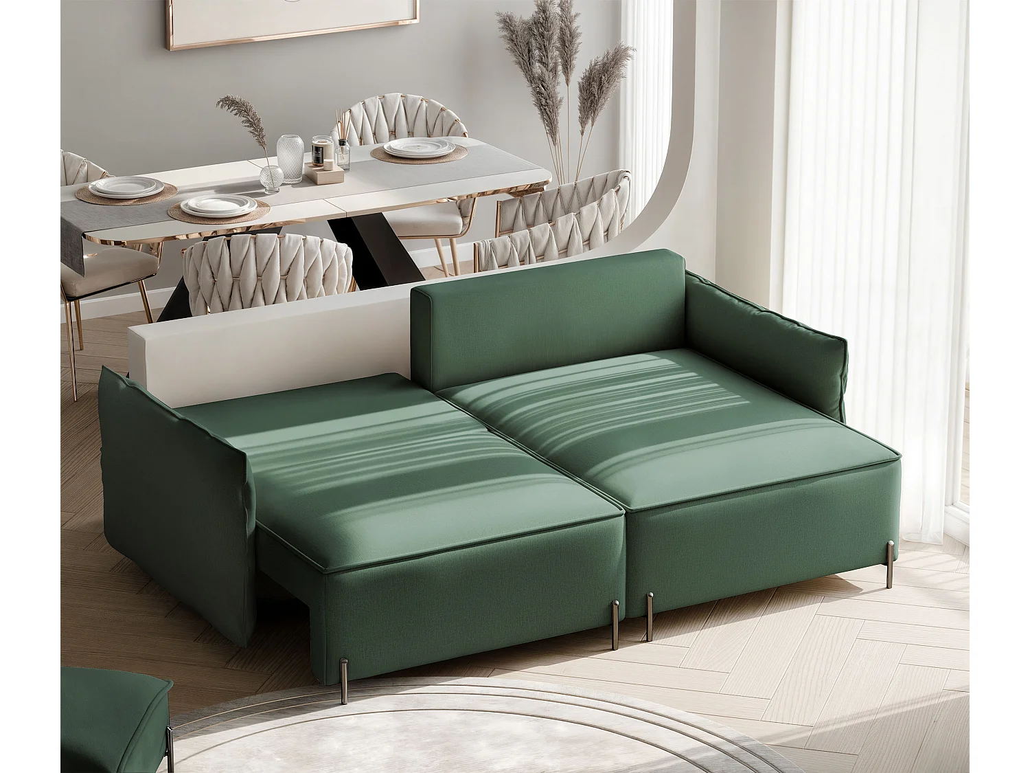 Canapé d'angle droit convertible, vert