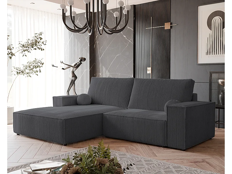 Canapé d'angle gauche convertible en velours côtelé, graphite