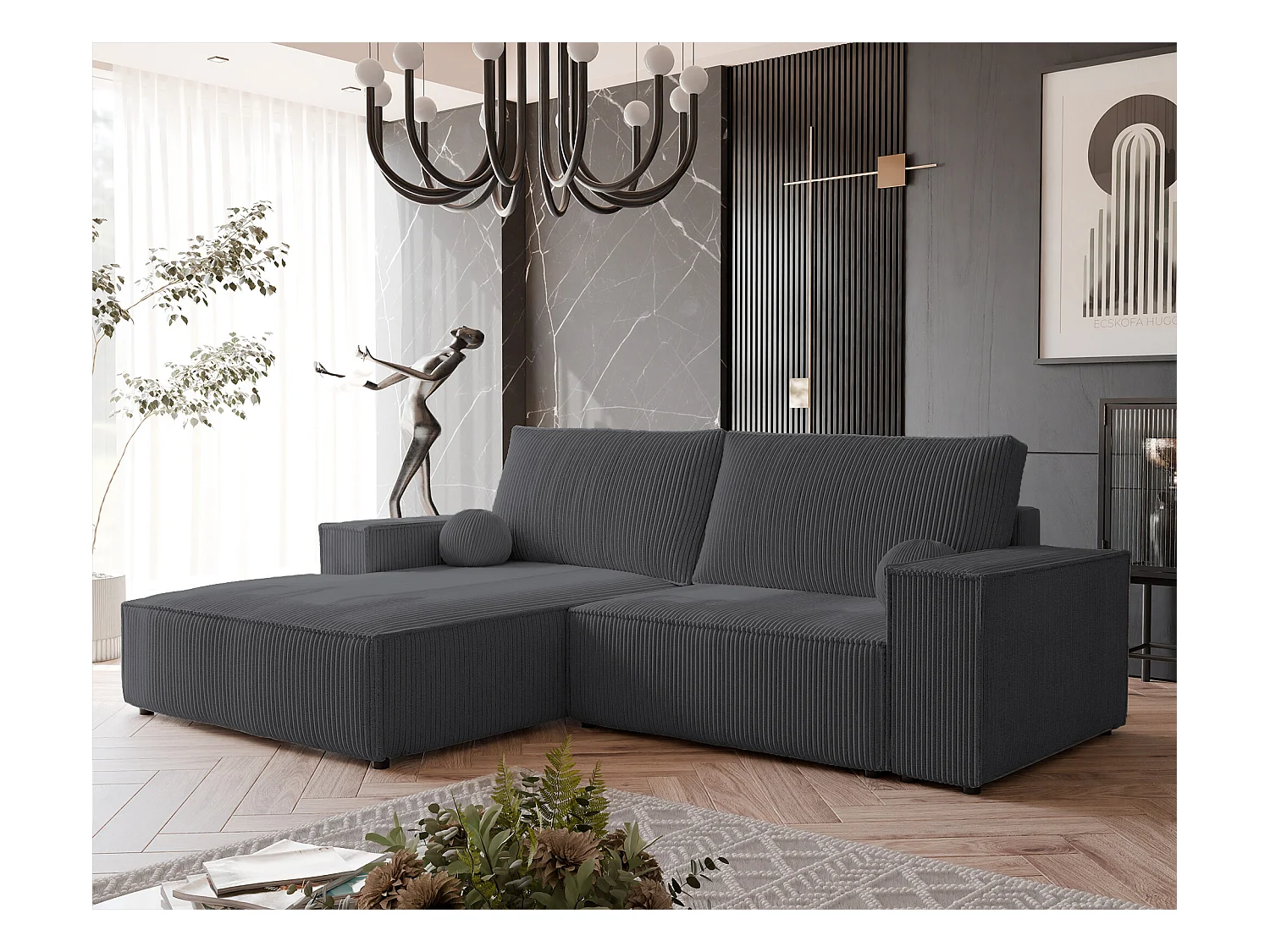 Canapé d'angle gauche convertible en velours côtelé, graphite