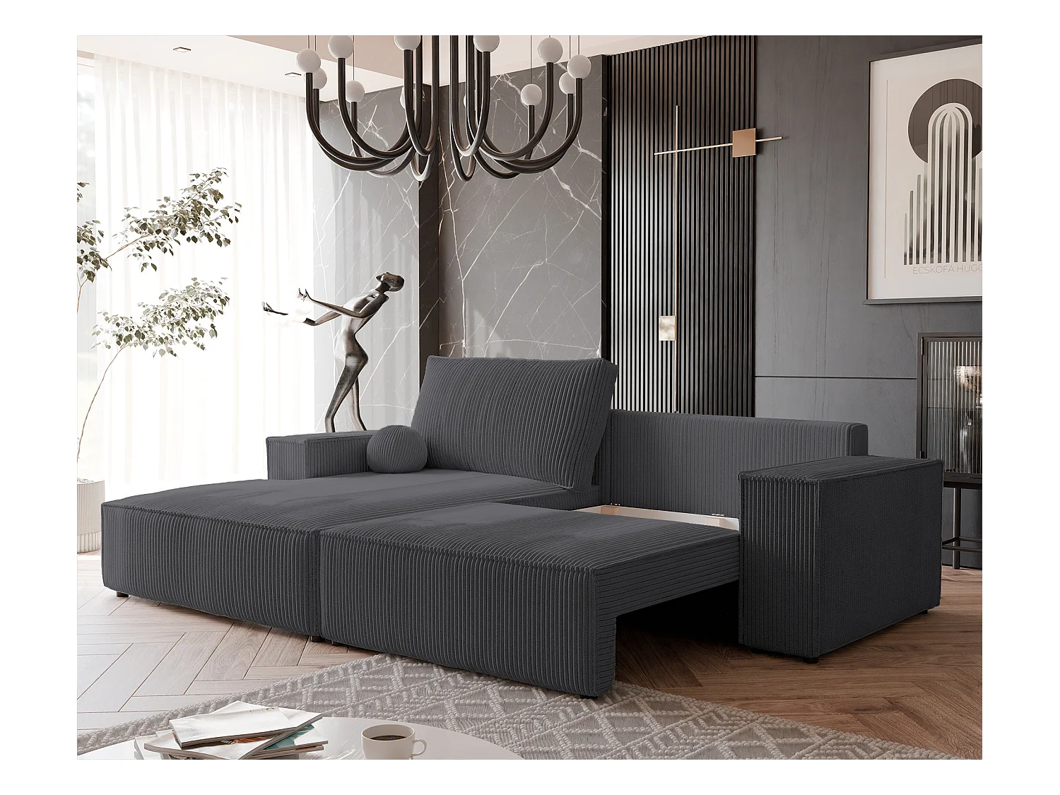 Canapé d'angle gauche convertible en velours côtelé, graphite