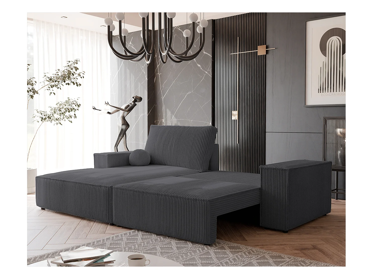 Canapé d'angle gauche convertible en velours côtelé, graphite