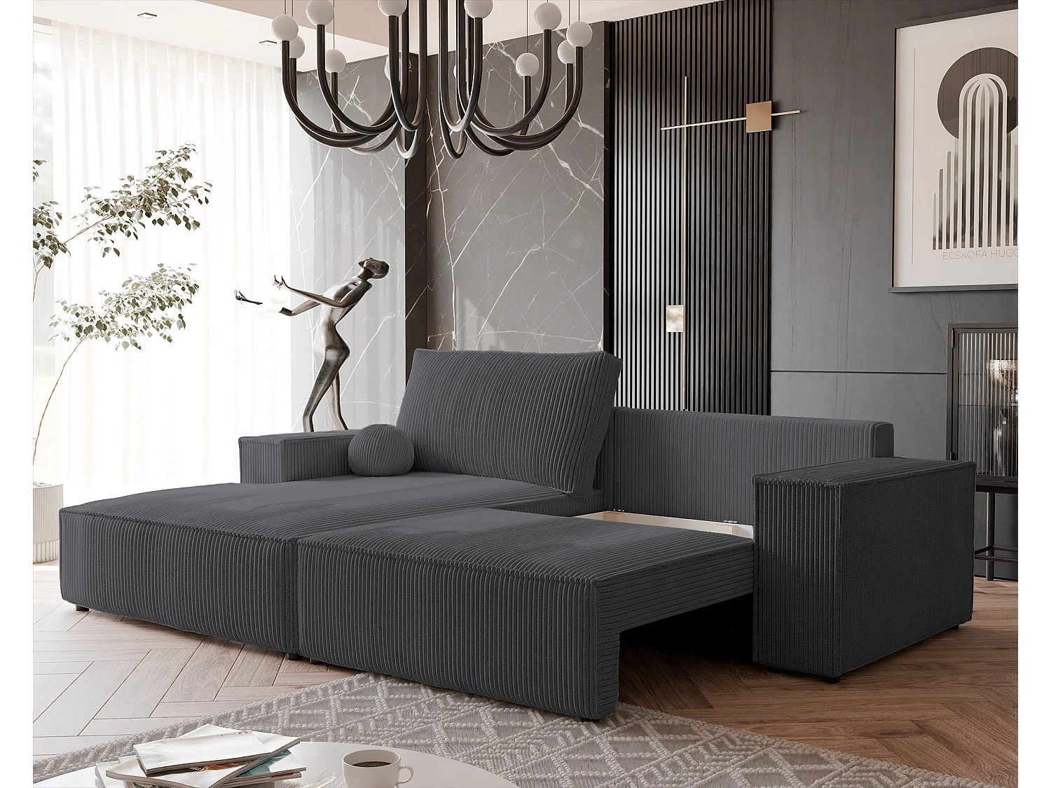 Canapé d'angle gauche convertible en velours côtelé, graphite