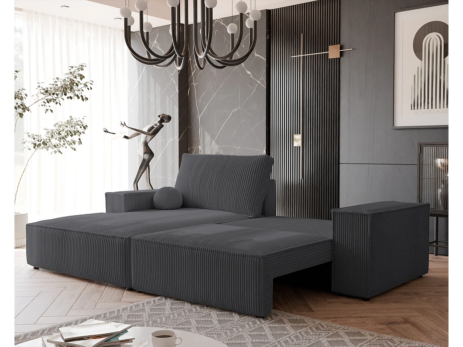 Canapé d'angle gauche convertible en velours côtelé, graphite