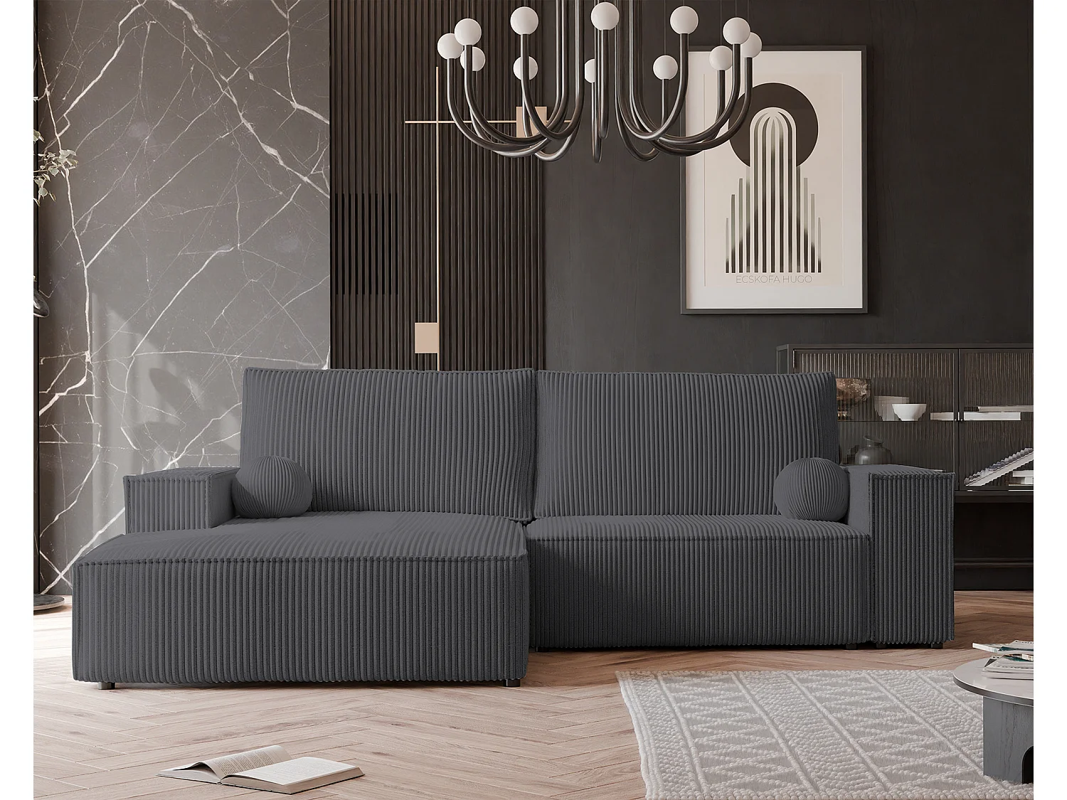 Canapé d'angle gauche convertible en velours côtelé, graphite