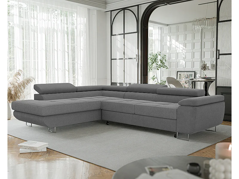 Canapé d'angle gauche convertible en tissu gris