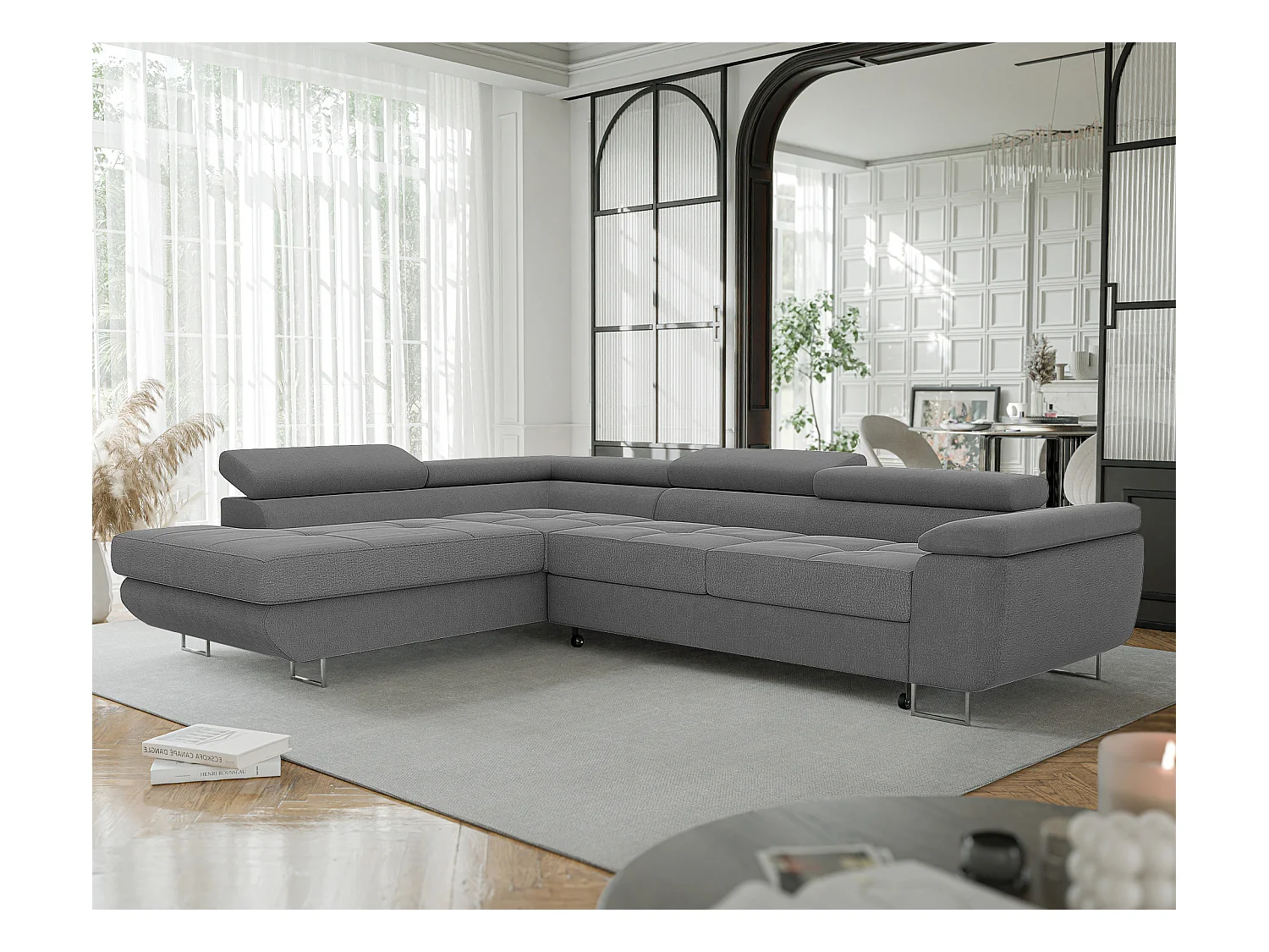 Canapé d'angle gauche convertible en tissu gris