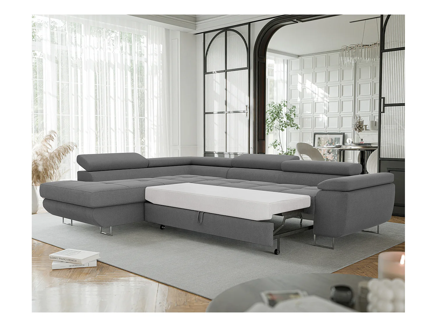Canapé d'angle gauche convertible en tissu gris
