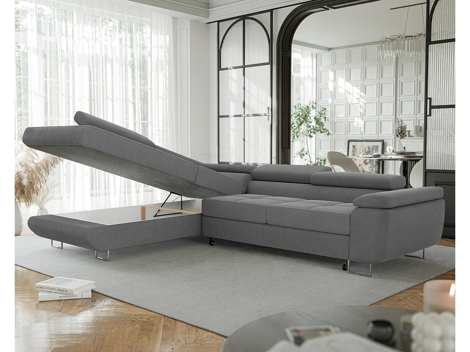 Canapé d'angle gauche convertible en tissu gris