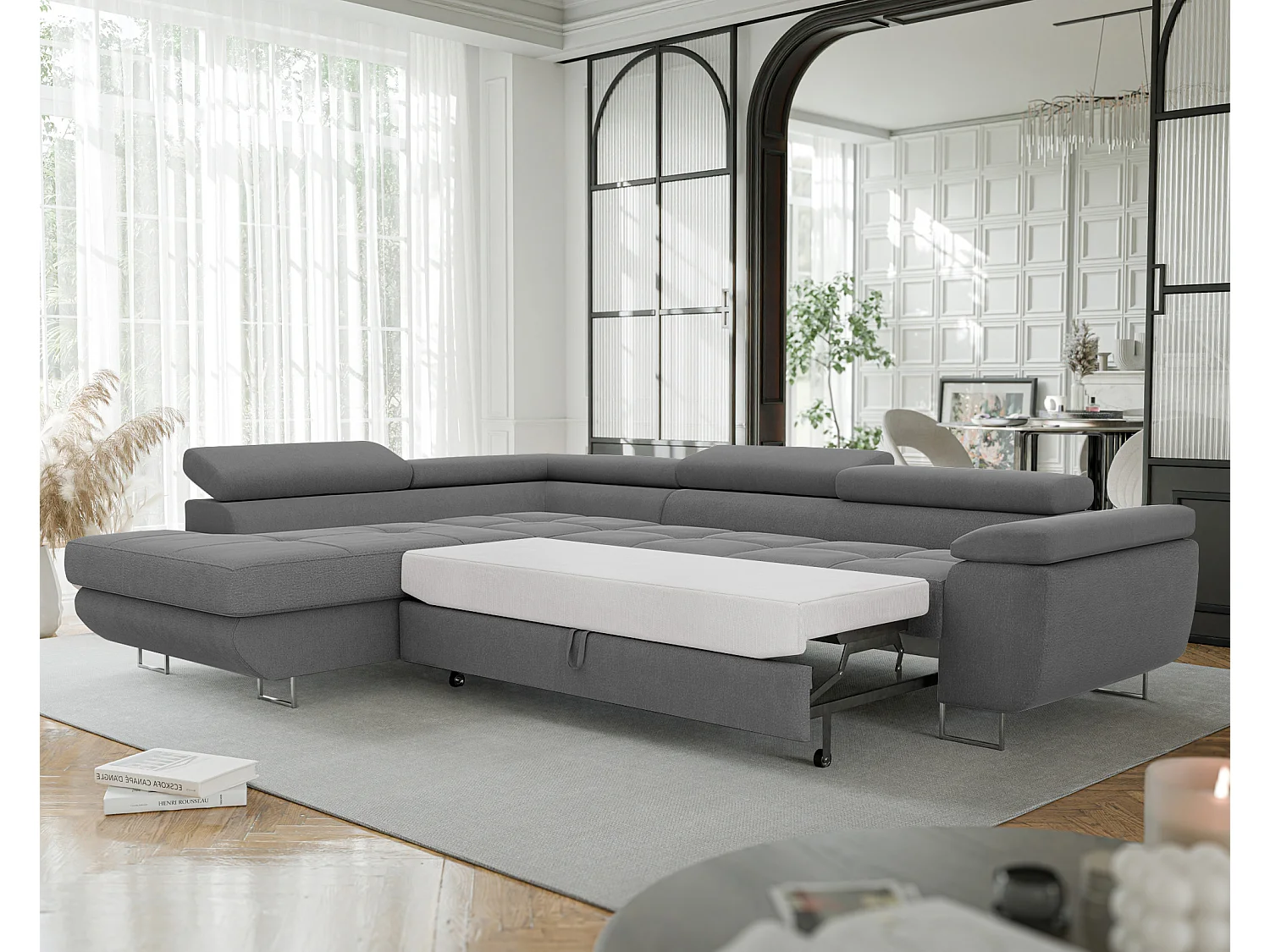 Canapé d'angle gauche convertible en tissu gris