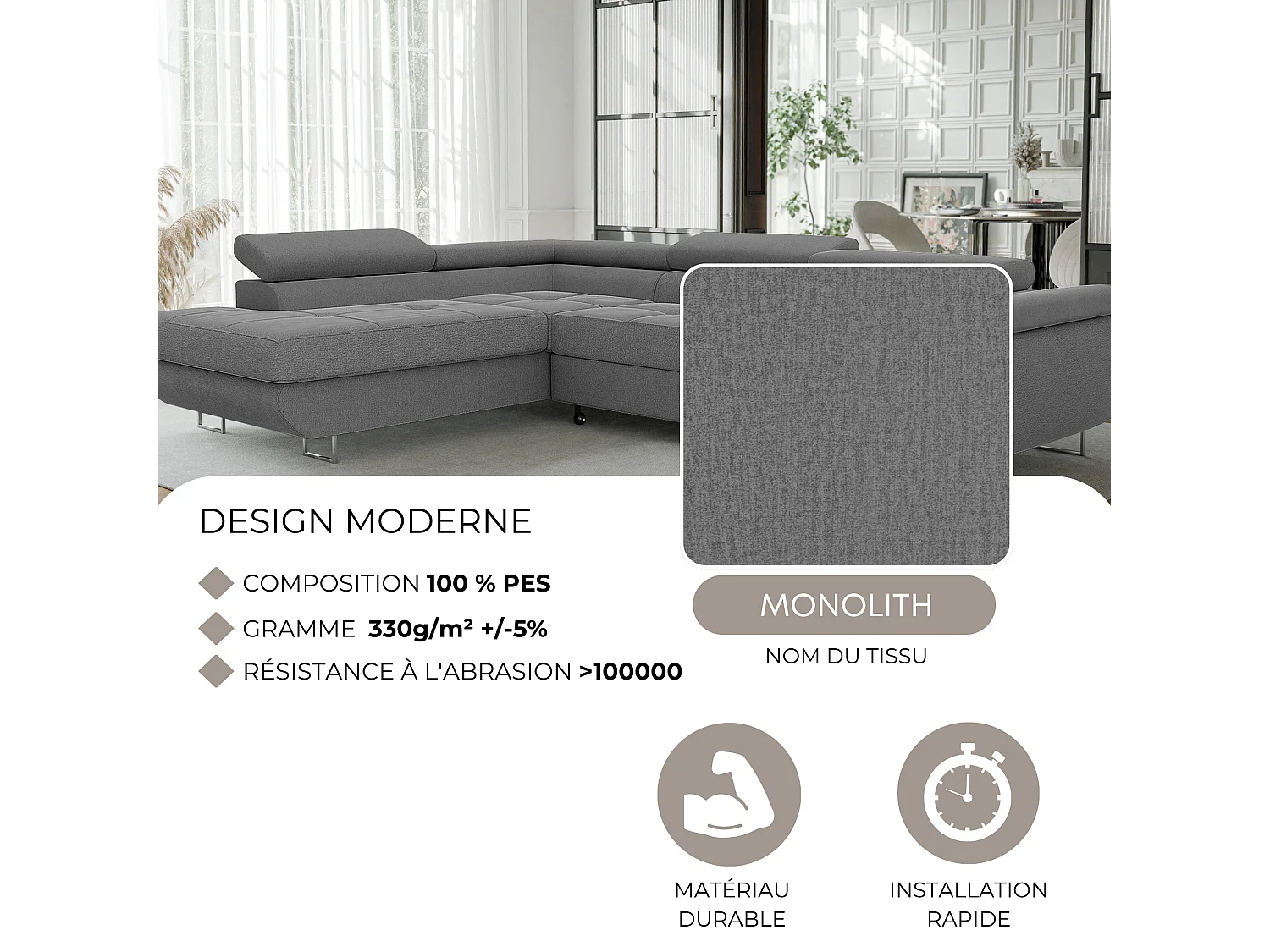 Canapé d'angle gauche convertible en tissu gris