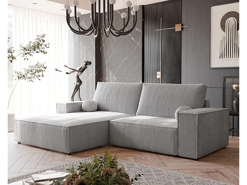 Canapé d'angle gauche convertible en velours côtelé, gris