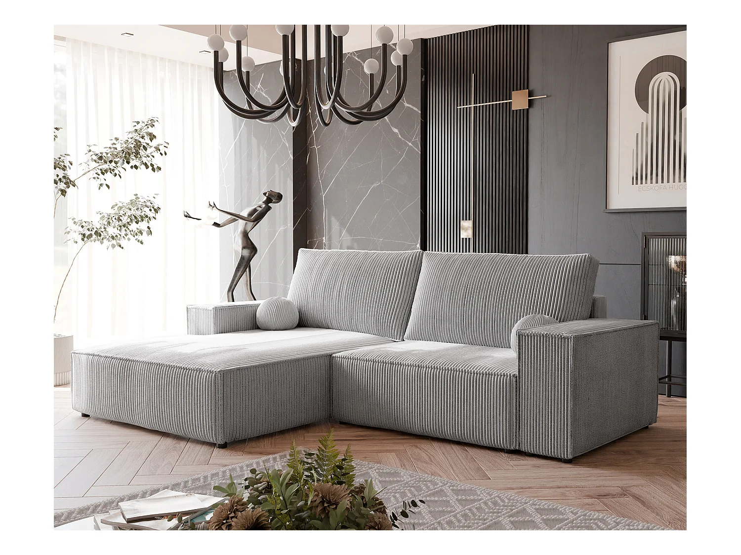 Canapé d'angle gauche convertible en velours côtelé, gris