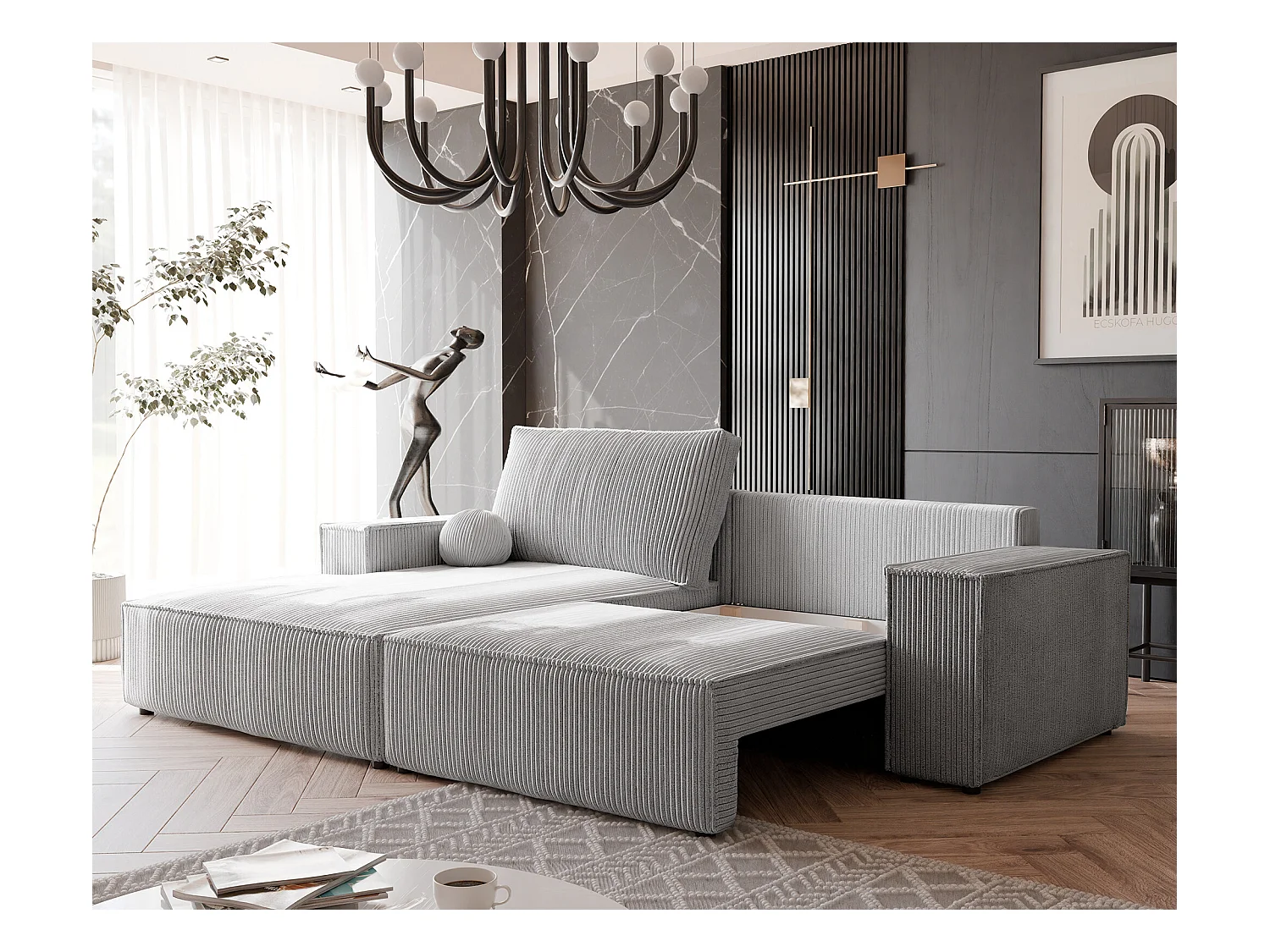 Canapé d'angle gauche convertible en velours côtelé, gris