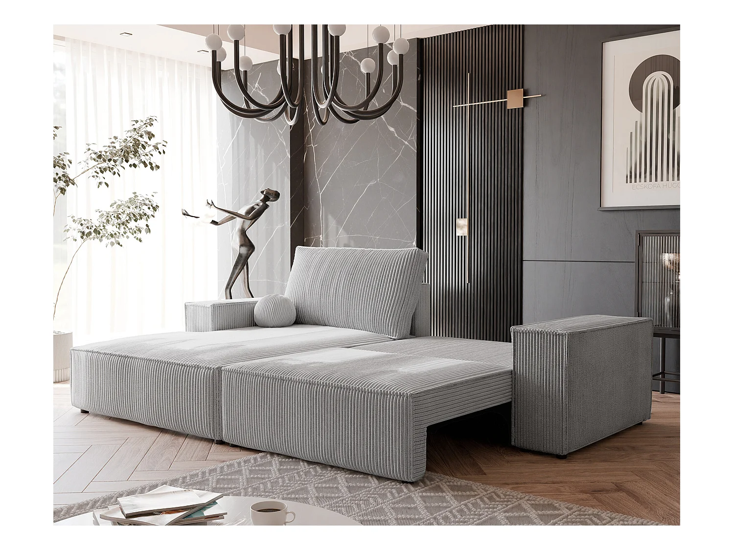 Canapé d'angle gauche convertible en velours côtelé, gris