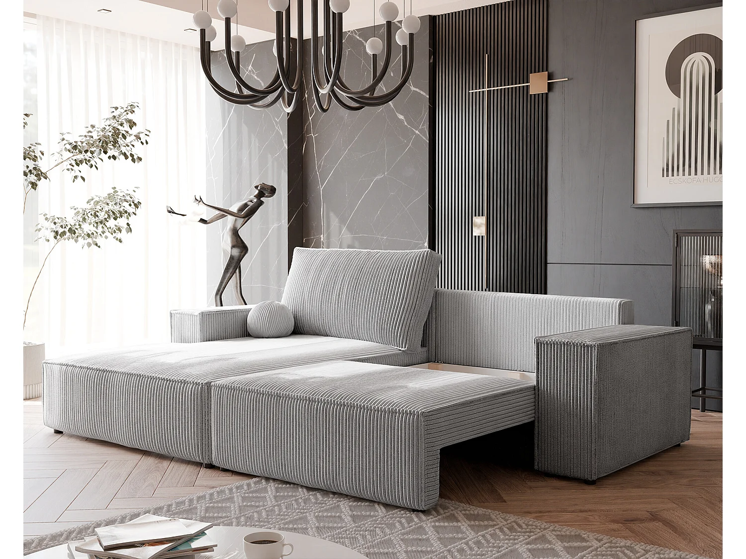 Canapé d'angle gauche convertible en velours côtelé, gris