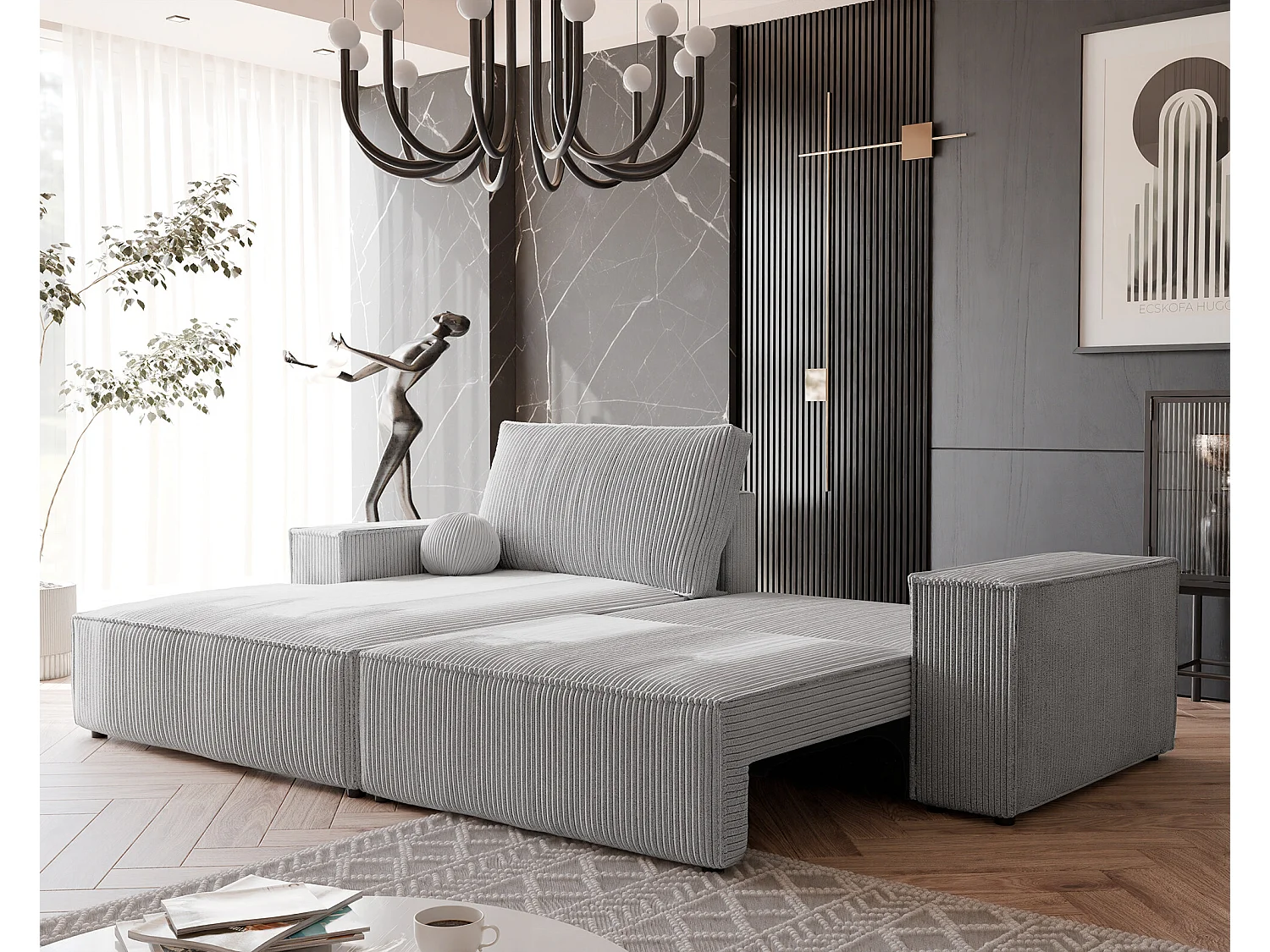 Canapé d'angle gauche convertible en velours côtelé, gris