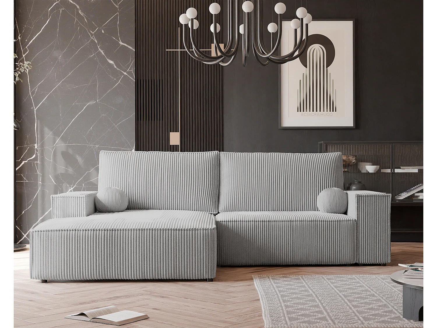 Canapé d'angle gauche convertible en velours côtelé, gris
