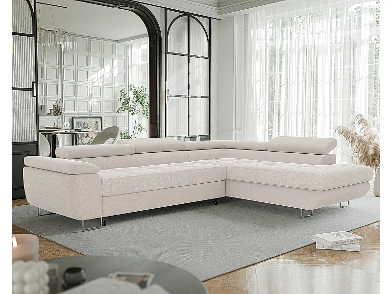 Canapé d'angle droit convertible en tissu beige