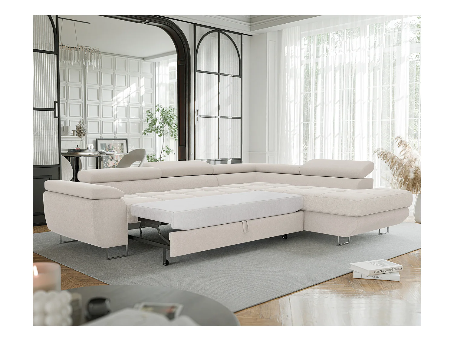 Canapé d'angle droit convertible en tissu beige