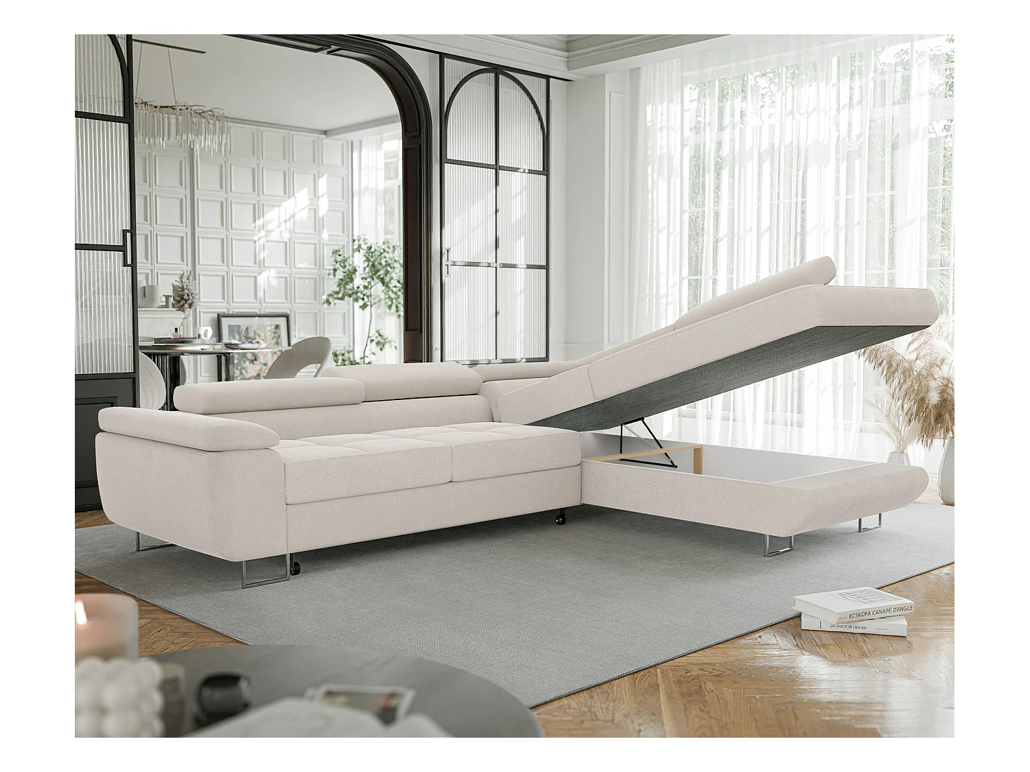 Canapé d'angle droit convertible en tissu beige