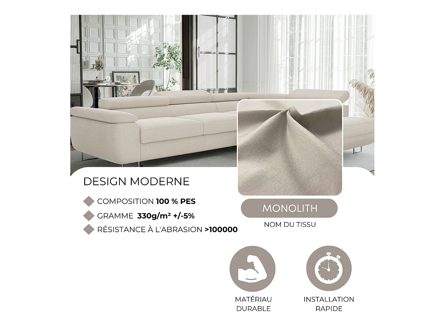 Canapé d'angle droit convertible en tissu beige
